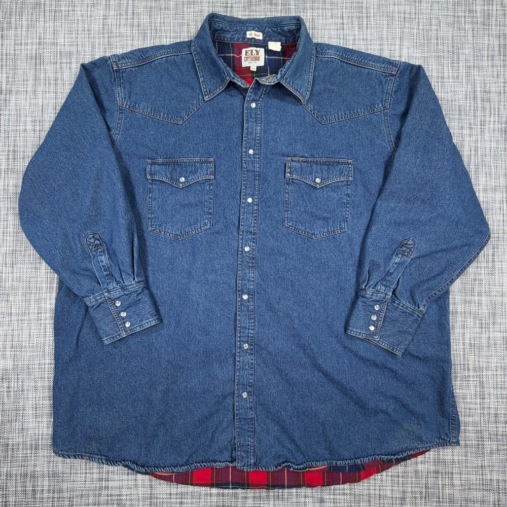Ely Cattleman Mens Denim Shirt Jacket 3X Blue Cotton Flannel Lined Pearl Snap